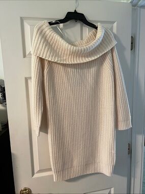 Fashion Nova Cream Off-Shoulder Ribbed Knit Sweater Dress